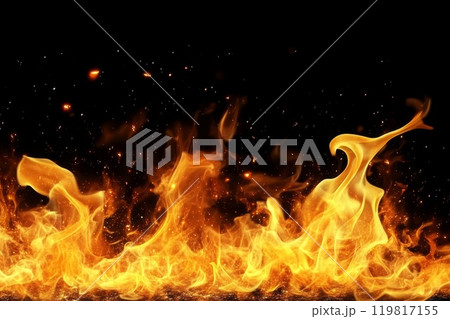 Fire flames with sparks on black background, burning fire texture. Generative AI. Fire flames with sparks on black background, burning fire texture. Generative AI. 119817155