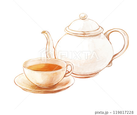 水彩で描いた紅茶のティーセットのイラストのイラスト素材 [119817228