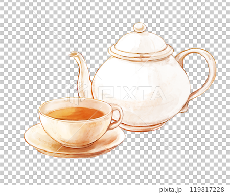 水彩で描いた紅茶のティーセットのイラストのイラスト素材 [119817228