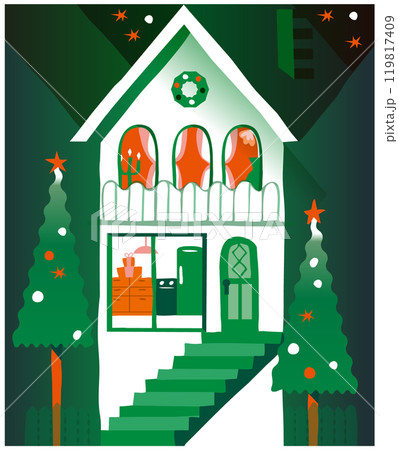 クリスマス,聖夜の静かな町の風景　グラフィックデザインの素材用のベクターイラスト。　家のパーティ 119817409