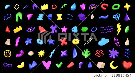 3D vector collection of different bright abstract plastic shapes on dark color background. Variety of decorative multicolored design elements in 3d cartoon style 119817454