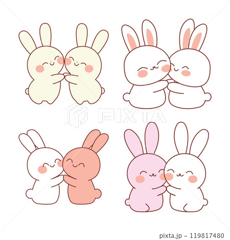 Cute Rabbit Bunny Couple Cartoon Character Hugging While Smiling 119817480