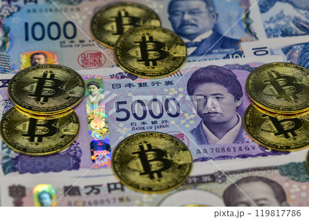 Japanese Yen New Notes and Bitcoin Symbolic Coins 119817786