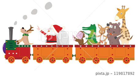 クリスマスの日にサンタクロースとトナカイが蒸気機関車でプレゼントを運んでいる。 119817892