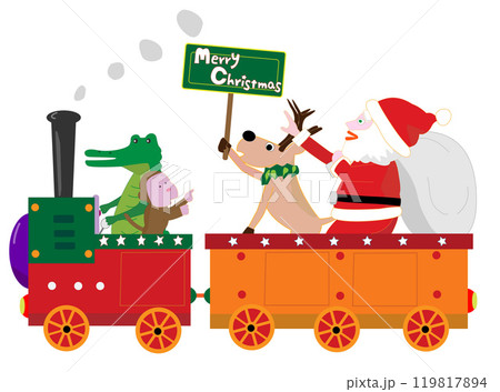 クリスマスの日にサンタクロースとトナカイが蒸気機関車でプレゼントを運んでいる。 119817894