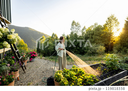 Morning Garden Watering with Mountain View 119818338