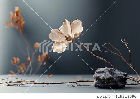 Delicate dried flower branch with muted colors and minimal background composition. 119818696