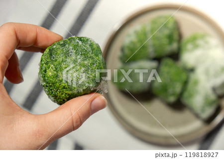 Unrecognizable woman showing into camera frozen food spinach cubes homemade. Harvesting concept. Stocking up vegetables for winter storage 119818927