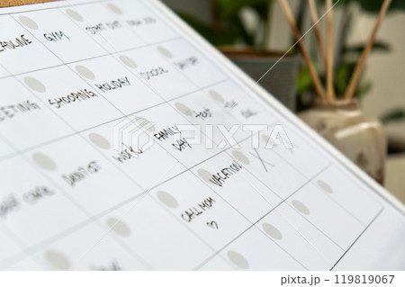 Monthly PLANNER filled with appointments and plans for next month. Busy month schedule Magnetic board with the days of the month. Place to enter important matters schedule. Concept for business Monthly PLANNER filled with appointments and plans for next month. Busy month schedule Magnetic board with the days of the month. Place to enter important matters schedule. Concept for business 119819067