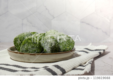 Frozen food spinach cubes homemade. Harvesting concept. Stocking up vegetables for winter storage 119819088