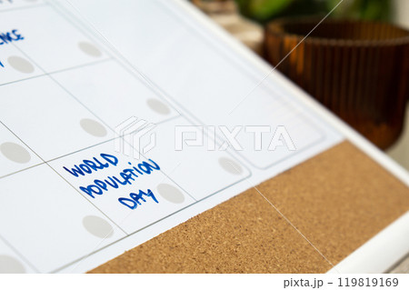 WORLD POPULATION DAY on calendar to remind important event appointment Monthly PLANNER. Magnetic board with the days of the month. Place to enter important matters schedule. Concept for business 119819169