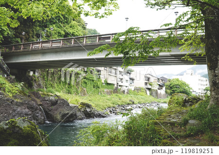 新緑が美しい川沿いの遊歩道から見た郡上八幡吉田川に架かる新橋 新緑が美しい川沿いの遊歩道から見た郡上八幡吉田川に架かる新橋 119819251