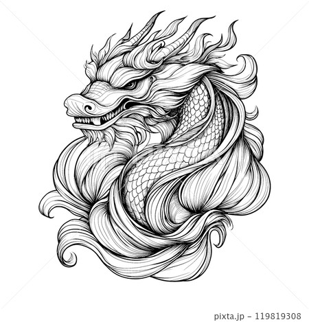 Discover a stunning tattoo sketch of a dragon, perfect for coloring, scrapbooking, or as a unique design element for various crafts. 119819308