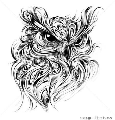 This tattoo sketch features a beautifully detailed owl with flowing patterns, perfect for scrapbooking or as a unique design element. 119819309