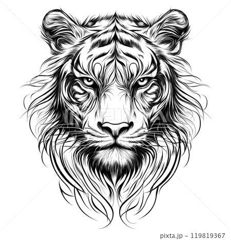 A stunning depiction of a lion\'s face, showcasing powerful features and intricate fur patterns in a striking monochromatic design. 119819367