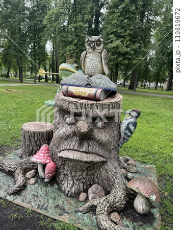 Whimsical Forest Sculpture with Owl, Frog, and Tree Stump 119819672