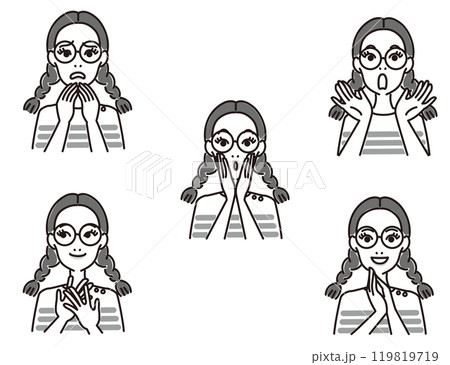 メガネの若い女性の表情セット メガネの若い女性の表情セット 119819719