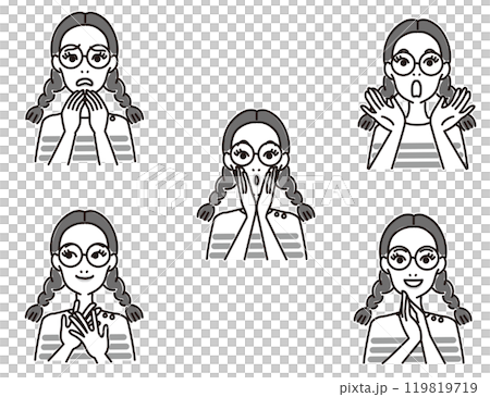 メガネの若い女性の表情セット メガネの若い女性の表情セット 119819719