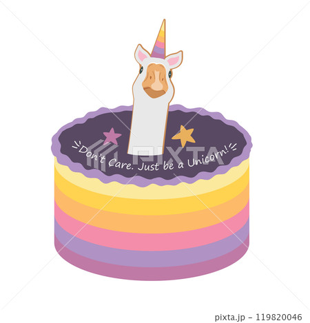 Rainbow cake with unicorn geese and text Do not care. Just be a unicorn. Funny Birthday cake design for teens and adults. Vector isolated illustration 119820046