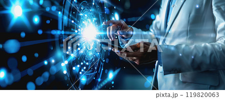 Holographic User, business using hand touch Digital and Innovation Interface Technology. 119820063