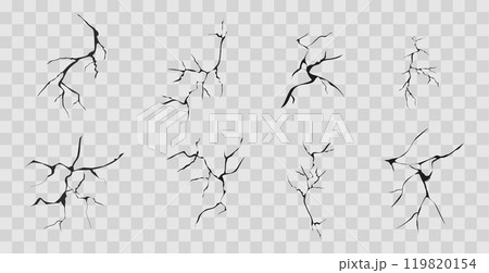 Cracked glass, wall, egg, fissures in ground top view. Set concrete, crevices from disaster, surface from earthquake, Ruined breaked land surface doodle, hand drawn 119820154