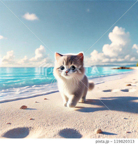 綺麗な海を見ながら白い砂浜を散歩している猫 119820313