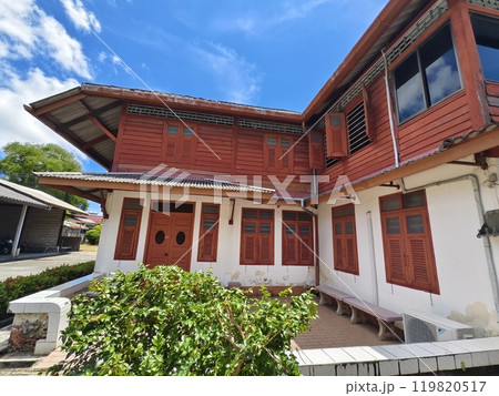 Detailed view of windows, doors and balconies of city buildings  119820517