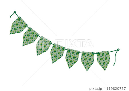 Clover patterned Pointed pennants garland on rope in trendy monochrome green. St Patrick Day element 119820737