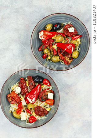 Vegan Salad of Pickled Vegetables and Soybeans. 119821437