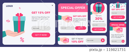 UI Kit for Pop-up Windows Offering Discounts and Email Signup, in Flat Style for UX, UI Design with Gift and Discount Card Iconsin a vector UI Kit for Pop-up Windows Offering Discounts and Email Signup, in Flat Style for UX, UI Design with Gift and Discount Card Iconsin a vector 119821731