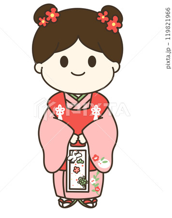 七五三に着物を着て千歳飴を持っている女の子のゆるかわイラスト 119821966