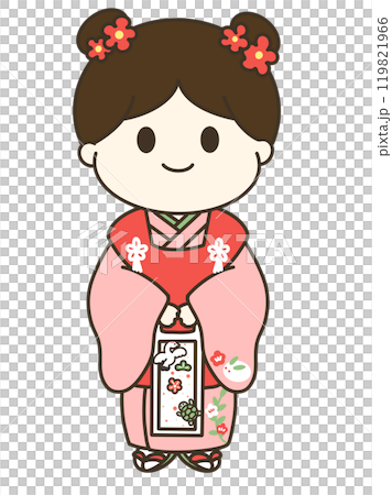 A cute and relaxed illustration of a girl wearing a kimono and holding a chitose ame candy for Shichigosan 119821966