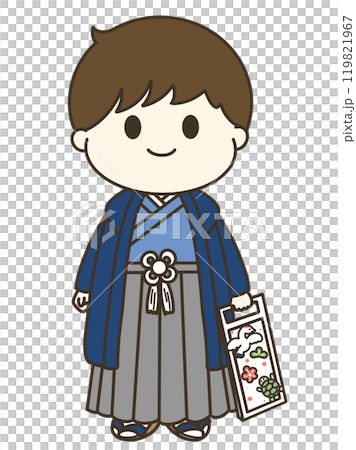 A cute illustration of a boy wearing a kimono and holding a chitose ame candy for Shichigosan 119821967