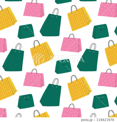 Seamless pattern with paper bags. Pattern with gift wrapping, shopping. Vector illustration. 119821978