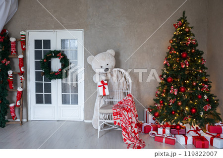 Christmas Tree With Gifts Decorated With Toys Interior For New Year As Background 119822007