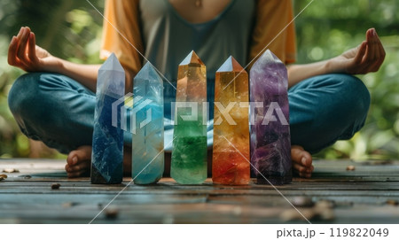 A set of healing crystals arranged in front of a meditating person. Chakra energies and mindfulness 119822049