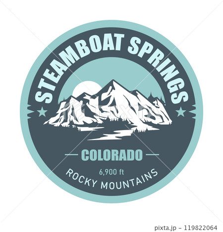 Steamboat Springs, Colorado ski resort emblem with snow covered mountains, vector Steamboat Springs, Colorado ski resort emblem with snow covered mountains, vector 119822064