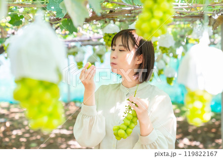 ぶどう狩りをする女性　果物狩りをする女性 119822167
