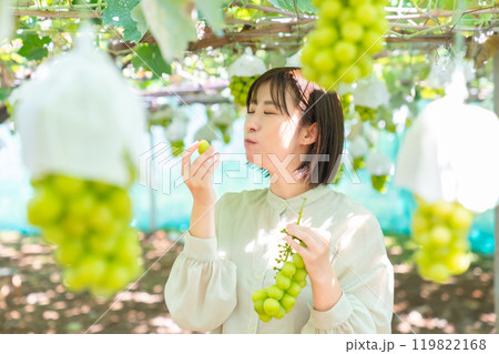 ぶどう狩りをする女性　果物狩りをする女性 119822168