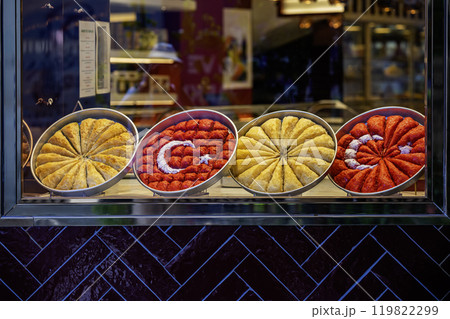 Turkish baklava pastries arranged in shape of the Turkish flag, vibrant colors of national symbol Turkish baklava pastries arranged in shape of the Turkish flag, vibrant colors of national symbol 119822299