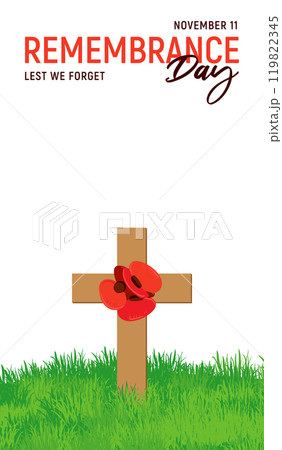 Vertical banner for Poppy Day 2024. Remembrance day for fallen soldiers in England and the USA. Wooden cross with paper red flowers on green grass. Vector illustration Anzac Day. Vertical banner for Poppy Day 2024. Remembrance day for fallen soldiers in England and the USA. Wooden cross with paper red flowers on green grass. Vector illustration Anzac Day. 119822345
