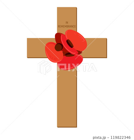 Vector cross with red paper poppies. Remembrance day for fallen soldiers in war. Memorial date of Great Britain and Canada. Poppy day. Illustration for November 11, 2024 Vector cross with red paper poppies. Remembrance day for fallen soldiers in war. Memorial date of Great Britain and Canada. Poppy day. Illustration for November 11, 2024 119822346