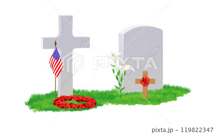 White marble tombstone and cross on green grass, a bouquet of red poppies and an American flag. The grave is decorated with a floral wreath. Memorial date of Great Britain, Canada and the USA 119822347