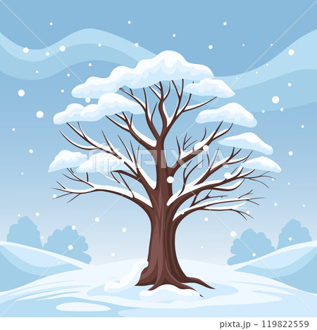 Winter tree covered with snow against the background of a winter landscape. Illustration. 119822559