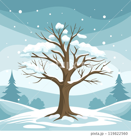 Winter tree covered with snow against the background of a winter landscape. Illustration. 119822560