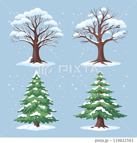 Set of winter trees and firs covered with snow on a blue background. Winter forest plants with snow on the branches. Illustration. 119822561