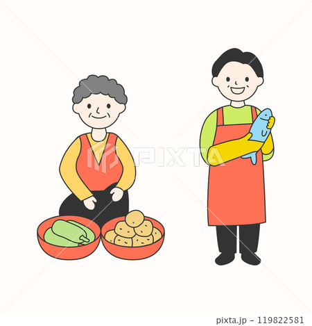 Vector illustration of Korean traditional market merchants. Vector illustration of Korean traditional market merchants. 119822581