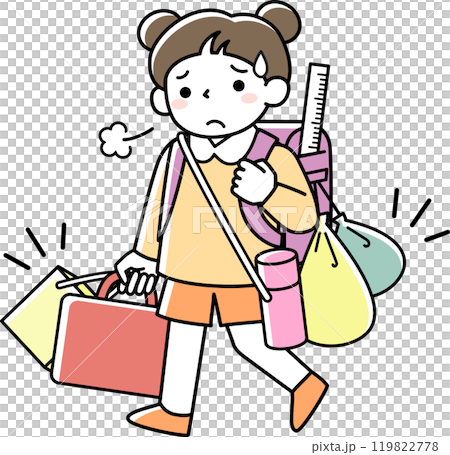 登下校時に荷物が多くて困っている小学生の女の子 登下校時に荷物が多くて困っている小学生の女の子 119822778