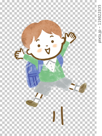 Hand-drawn illustration of an energetic boy carrying a school bag jumping Hand-drawn illustration of an energetic boy carrying a school bag jumping 119822835
