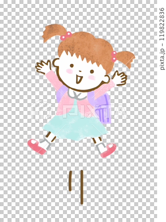 Hand-drawn illustration of an energetic girl carrying a school bag jumping Hand-drawn illustration of an energetic girl carrying a school bag jumping 119822836